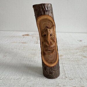 Vintage Wood Carved Face in Log - Wooden Forest Spirit Folk Carving